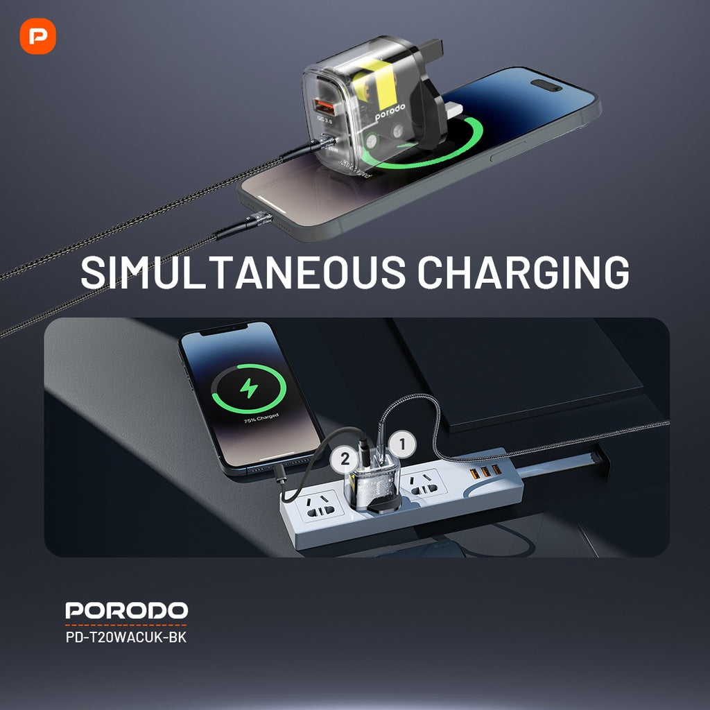Porodo Dual Output Transparent Quick Charger USB-C PD And USB-A QC UK (PD-T20WACUK-BK) Porodo Dual Output Transparent Quick Charger USB-C PD And USB-A QC UK (PD-T20WACUK-BK)